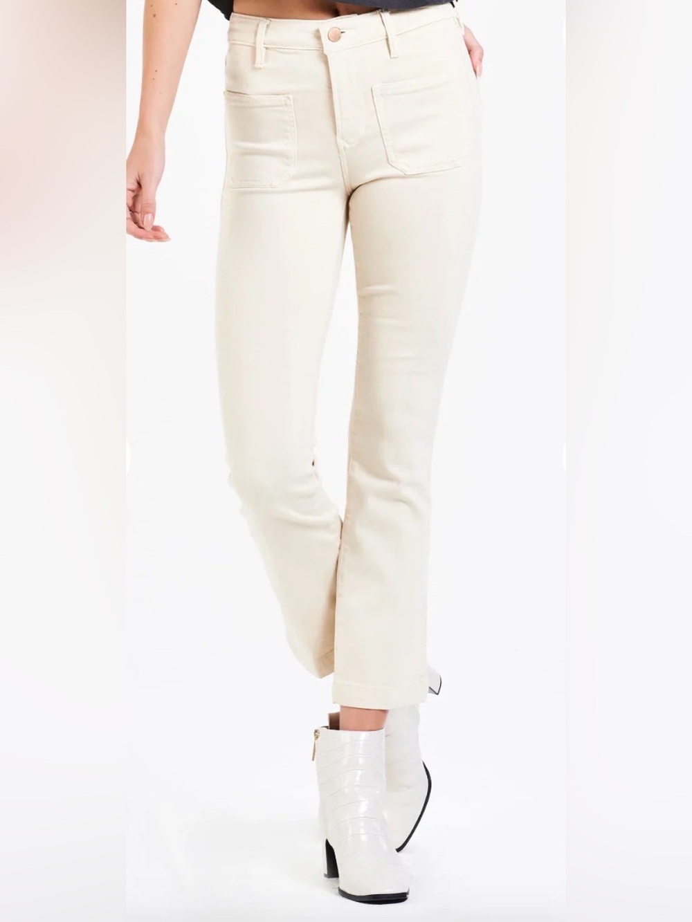 Dear John Cream Khaki Flare Jeans w/Front Patch Pocket High Rise Cropped Length